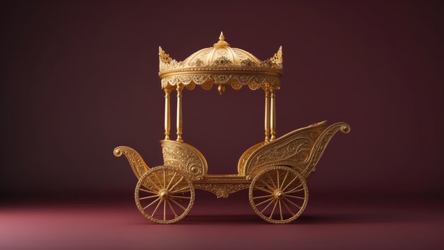 Showcasing ornate golden carriage on burgundy studio platform, with domed canopy and spoked wheels - Powered by Adobe