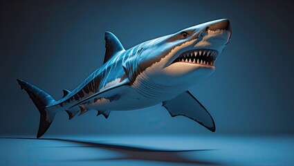 Swimming shark showcasing triangular teeth and dorsal fin against blue gradient backdrop, render