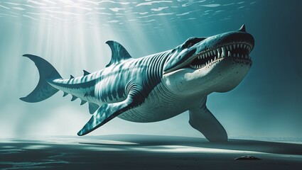 Gliding solitary shark showing ridged body above sandy seabed, under diffused sun rays