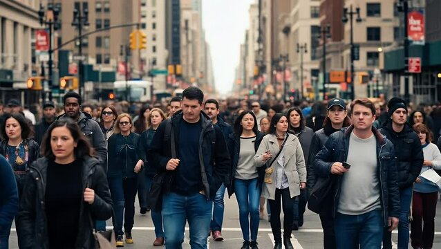 Crowd of diverse people walking on a city street
