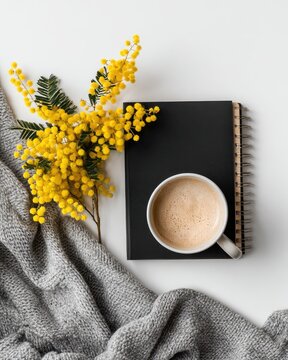 Flatlay of mimosa flowers, a grey knit blanket, a cup of coffee, and a black notebook on a white surface