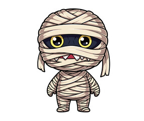 Cute ancient wrapped mummy monster awakened in his dusty tomb - isolated white background chibi illustration