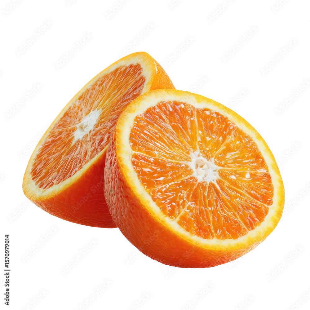 Poster two sliced oranges close up on transparent background