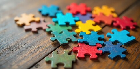 Colorful Jigsaw Puzzle Pieces Scattered on Wooden Table, Illustrating Brainstorming, Problem Solving, and Challenges