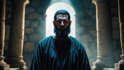 Standing bearded cleric observing stone chapel interior, with arched opening and cross pendant