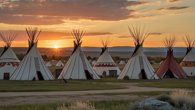 Displaying canvas tipis with painted geometric bands, wooden ladders on plain at sunset, dirt path - Powered by Adobe