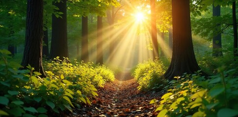 Sun-Drenched Forest Vibrant Green Foliage and Dappled Sunlight on a Hot Summer Day