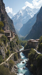 Hunza Valley Pakistan Stone and Mud-Brick Homes Clinging to Cliffs Surrounded by Mountains