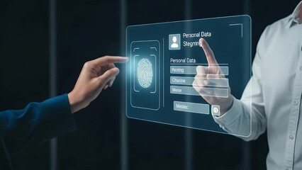 Digital interface displaying fingerprint scan and personal data fields - Powered by Adobe