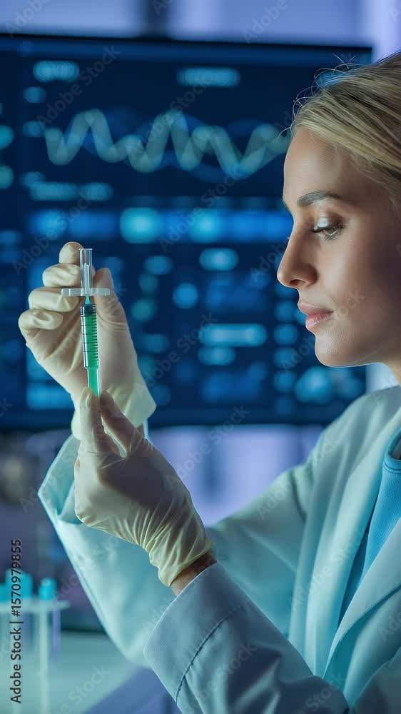 Aufkleber research in the lab: a focused scientist in a sterile laboratory coat prepares a syringe for an inje