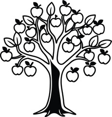 Stylized Apple Tree Illustration with Fruit and Leaves in Black and White