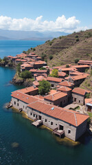 Taquile Island Peru Stone Houses with Red Tile Roofs on Lake Titicaca