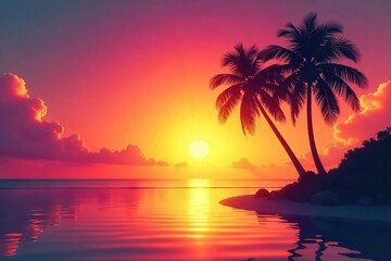 Serene Sunset Silhouette A Single Palm Tree Reflects in Calm Tropical Waters, Perfect for Travel and Vacation Themes