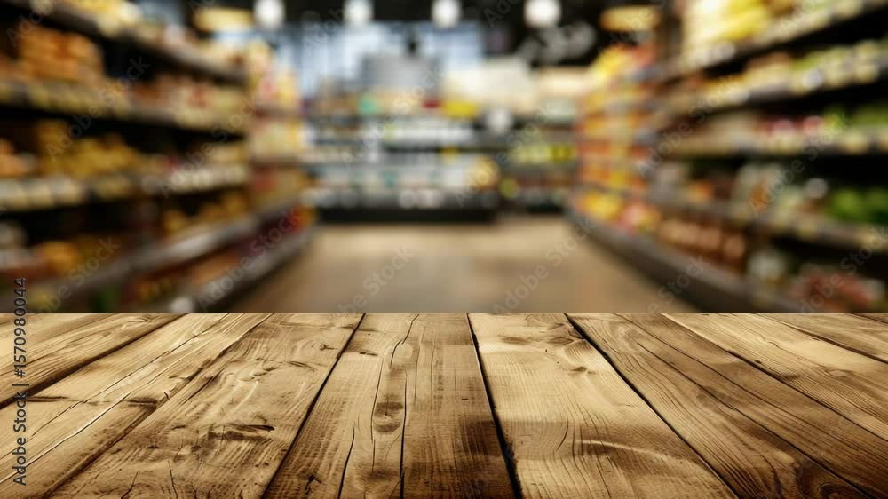 Aufkleber an empty wooden table used for displaying products in a grocery store
