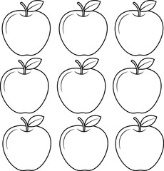 Nine Apples Outlines Arranged in a Grid Pattern on White Background