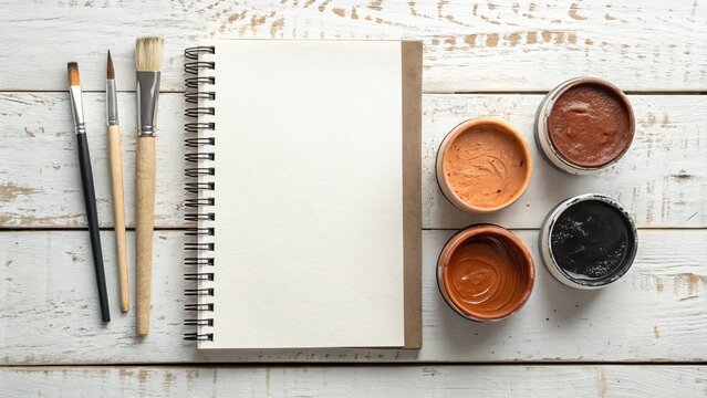 Art supplies including paintbrushes a blank sketchbook and pots of paint on a wooden surface