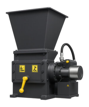 Single-shaft plastic granulator with an oversized hopper and hydraulic drive for bulk material handling in recycling plants.