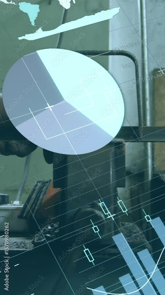 Aufkleber animation of statistics and data processing over african american man using machinery in factory
