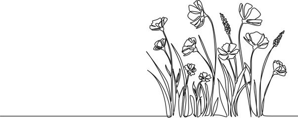 continuous single line drawing of wildflowers, line art vector illustration