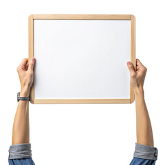 hand holding blank white board isolated on white or transparent background