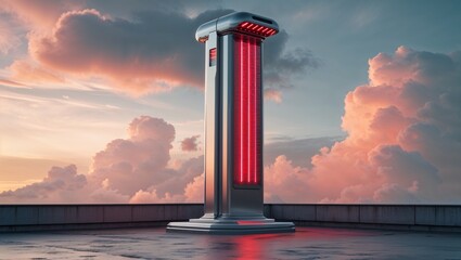 Metallic pillar glowing on wet rooftop at sunset, showing red LED panels and low concrete parapet