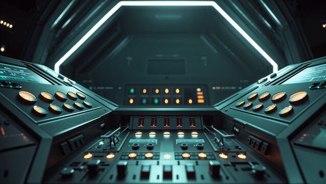 Glowing hexagonal LED frame casting blue-green glow over central control console, with side panels