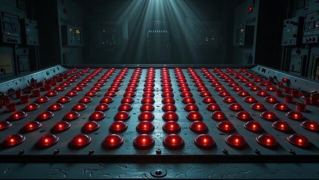 Control table displaying red dome indicators in control room, with overhead spotlight and cabinets - Powered by Adobe