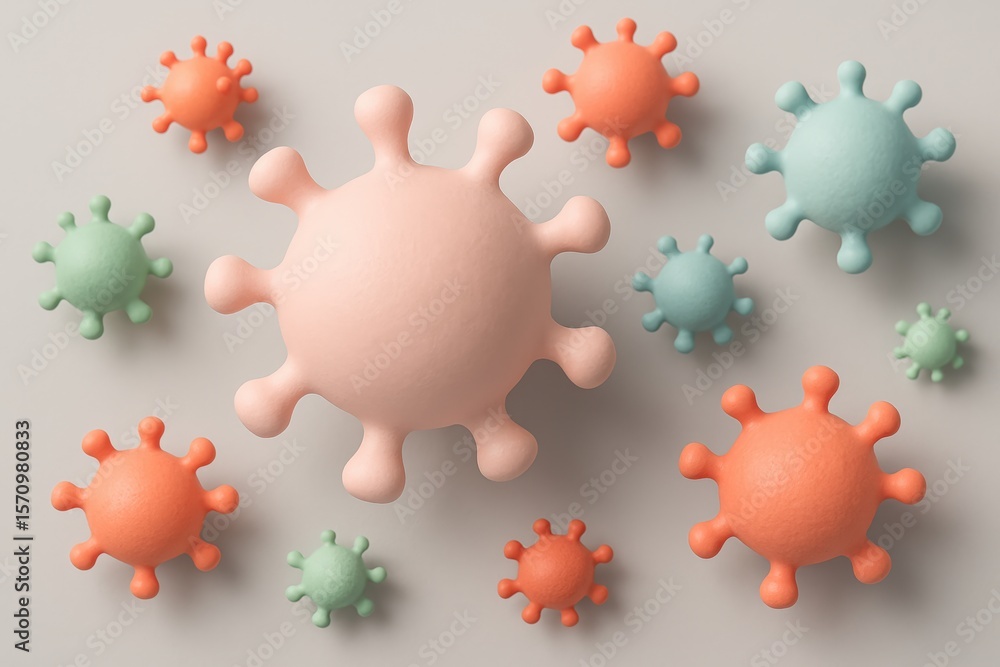 Poster pastel colored viral agents float serenely, creating an abstract and contemporary health concept tha