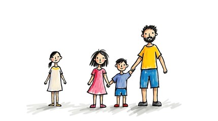 Child hand drawn art showing father holding hands with two children and mother in distance, symbolizing Mother's estrangement from family