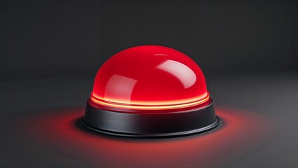 Glowing glossy red dome button on black base reflecting on studio table, with gradient backdrop