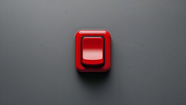 Shining glossy red rectangular push switch sitting on smooth matte grey panel, minimal studio decor - Powered by Adobe