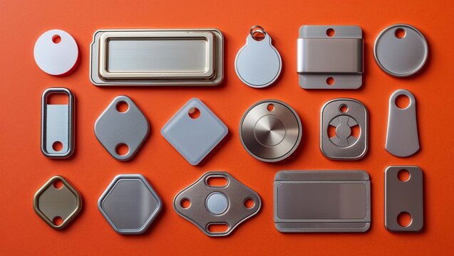 Displaying twenty metallic and plastic tags and fobs on orange tabletop, showcasing diverse shapes - Powered by Adobe