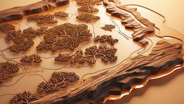 Showing wooden topographic relief map resting on design studio workbench, with carved tree motifs - Powered by Adobe