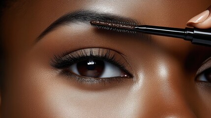 Close-up of a woman applying brow mascara to her eyebrow