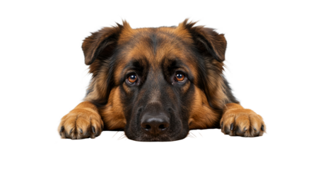 Dog resting head on table looking at camera