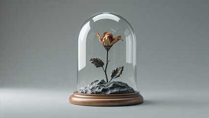Displaying dried rose with petals rising from substrate mound under clear glass dome on wooden base