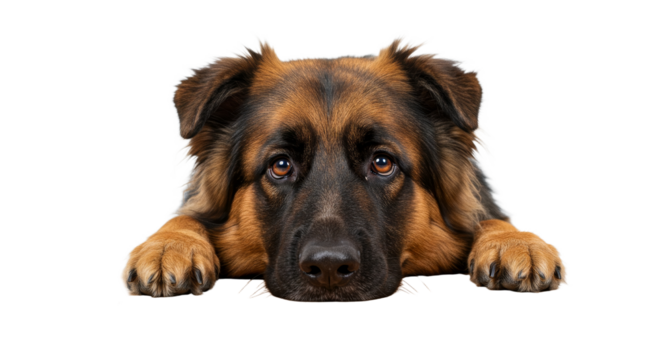 Dog resting head on table looking at camera