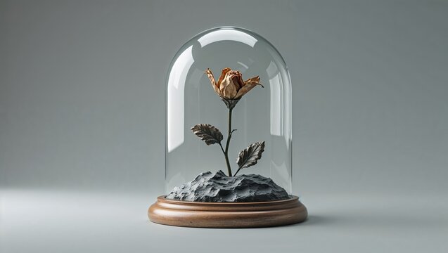 Displaying dried rose with petals rising from substrate mound under clear glass dome on wooden base - Powered by Adobe