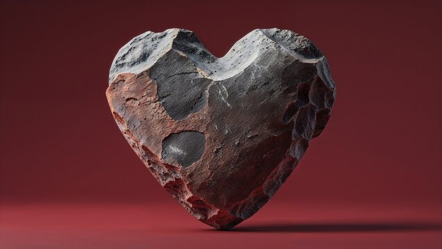 Floating heart-shaped rock gliding above smooth red plane in studio, showcasing surface texture - Powered by Adobe