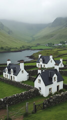 Whitewashed Stone Croft Houses with Black Slate or Thatched Roofs on Isle of Skye Scotland