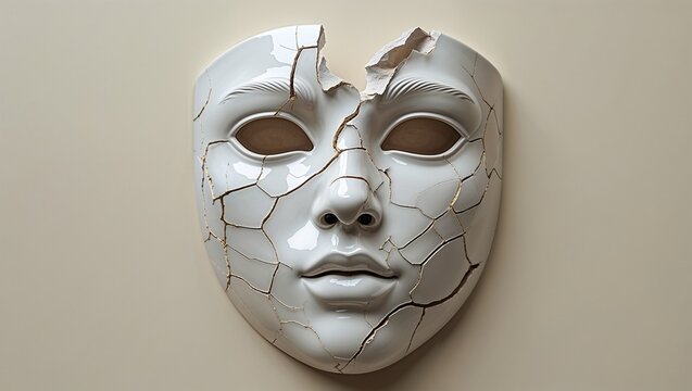 Displaying white ceramic face mask showing gold-accented crack lines on smooth beige gallery wall - Powered by Adobe