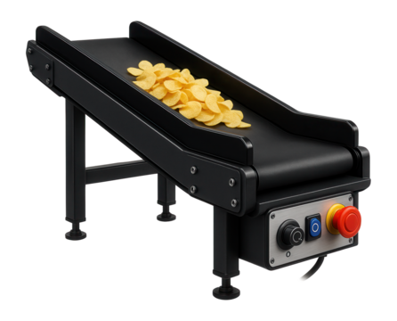 Conveyor belt system with adjustable speed control for transporting chips to the packaging station in a snack factory