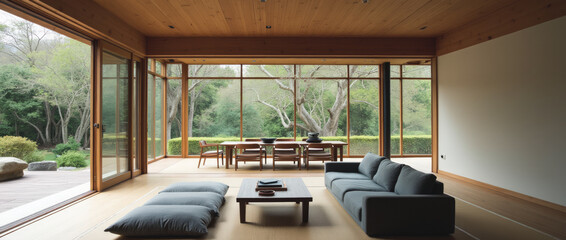 Tranquil Zen-Inspired Open-Plan Living and Dining Area with Low Gray Sofa