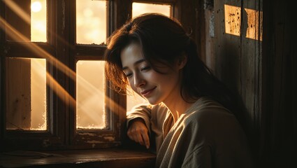 Resting woman wearing neutral-toned top gazing by wooden window, sunbeams streaming, copy space
