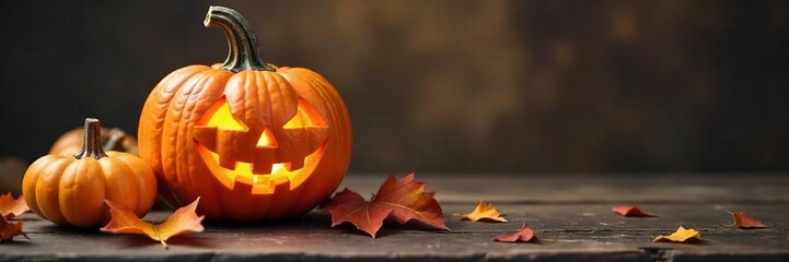 Whimsical Jack-o-Lantern with Intricate Carving on Rustic Wood, Autumn Leaves and Gourds, Perfect for Halloween and Fall Decor