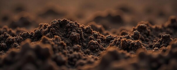 Rich Dark Brown Soil Close-Up Texture of Fertile, Moist Earth Ideal for Agriculture, Gardening, and Environmental Projects