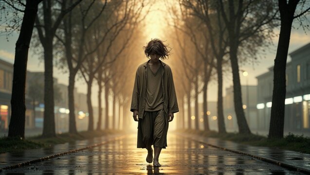 Walking barefoot adult wearing coat along wet tree-lined avenue at dusk, street lamp reflections - Powered by Adobe