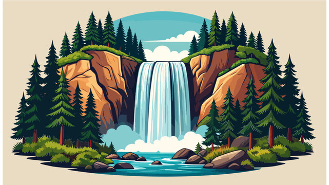 Cartoon pixel art illustration of a majestic waterfall cascading down rocky cliffs surrounded by lush green pine trees and foliage, creating a serene nature scene.
