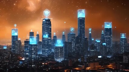 Futuristic cityscape with glowing digital interfaces on skyscrapers - Powered by Adobe