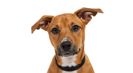 Dog tilting head looking curious with tan fur and black collar